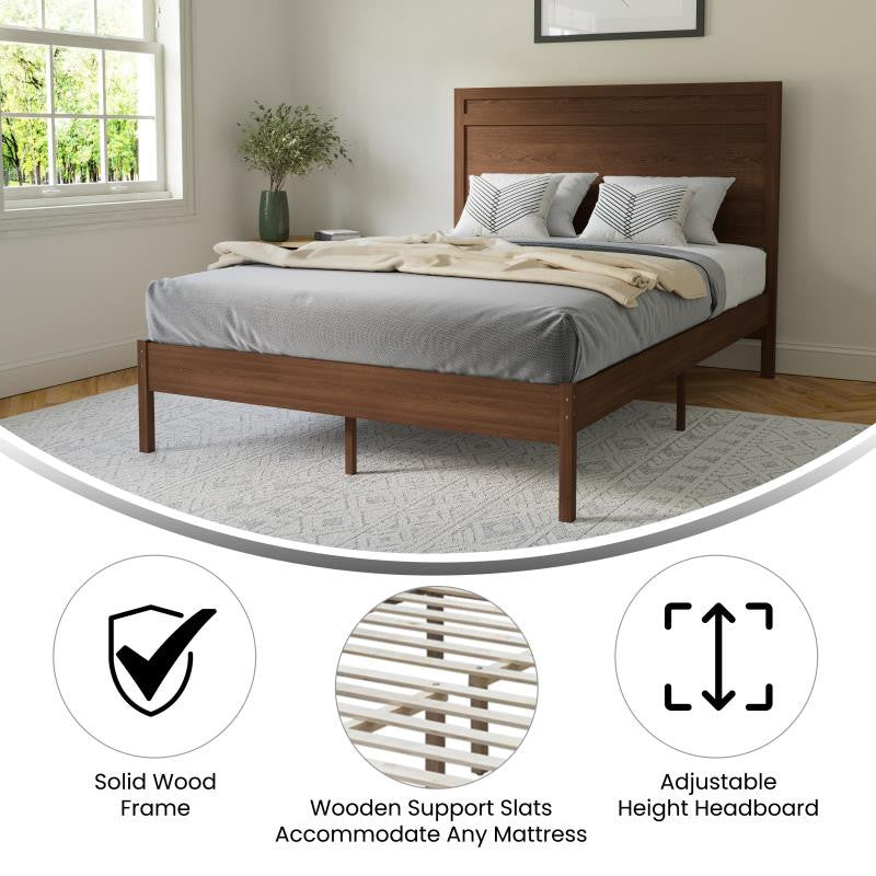 Kingston Solid Wood Platform Bed with Wooden Slats and Headboard, Brown, Full