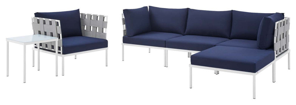 Sectional Sofa Chair Table Set, Sunbrella, Aluminum, Gray Blue Navy, Outdoor