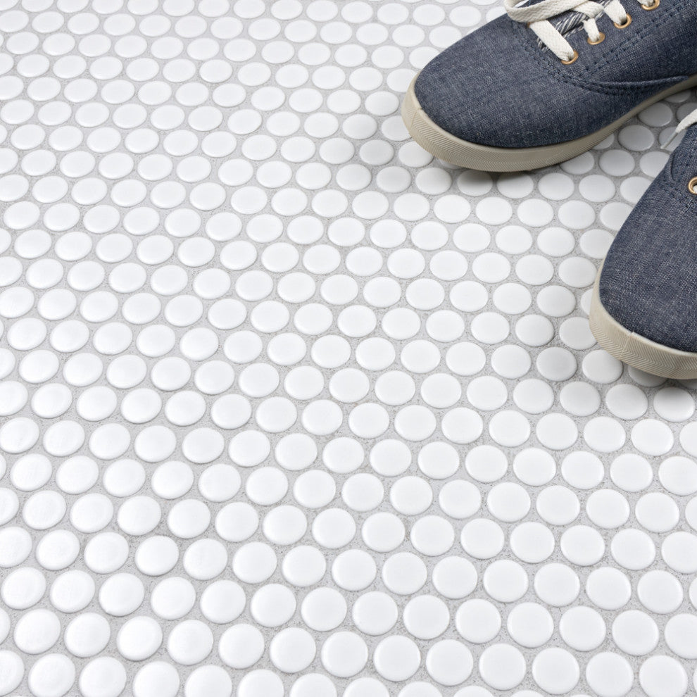 Metro Penny Round Porcelain Mosaic Floor and Wall Tile, Matte White