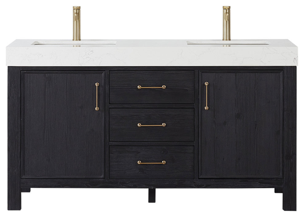 Leon Bath Vanity With Composite Stone Top, Fir Wood Black, 60"double Sink, No Mirror