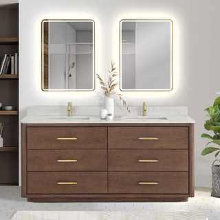 Porto Bath Vanity with White Quartz Stone Top, Dark Brown Oak, 72 in., No Mirror