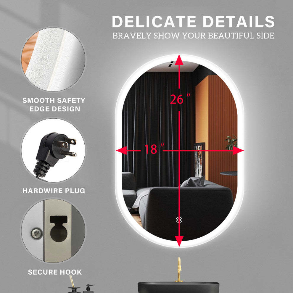 Oval Frameless Dimmable Wall Mounted LED Bathroom Vanity Mirror