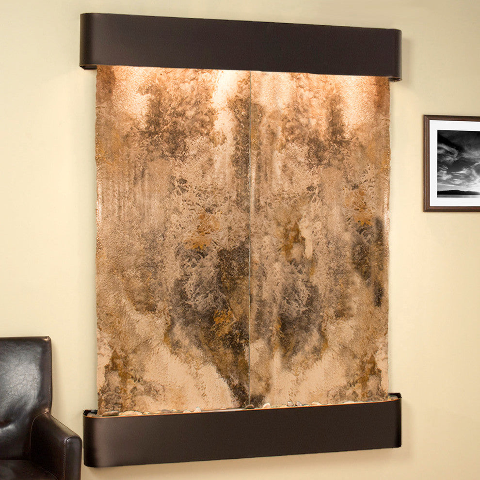 Majestic River Water Fountain, Magnifico Travertine, Blackened Copper, Round Edg