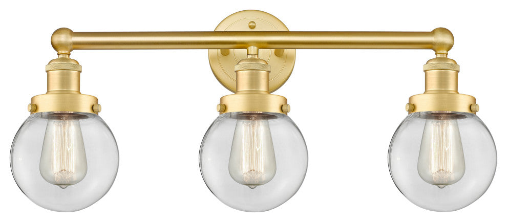 Small Edison Beacon 3-Light 25" Vanity Light, Satin Gold Finish, Clear Shade
