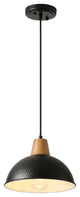 Industrial Farmhouse Pendant Light With Metal Shade and Wood Grain Design, Black