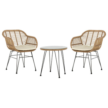 Outdoor Bistro Set with PE Rattan Chairs and Beige Cushions, Light Brown, Brown/White