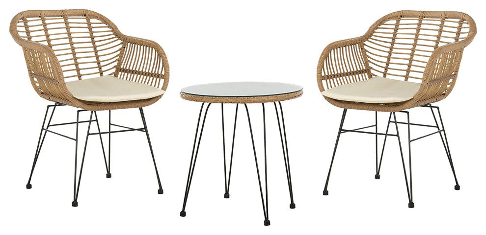 Outdoor Bistro Set with PE Rattan Chairs and Beige Cushions, Light Brown, Brown/White