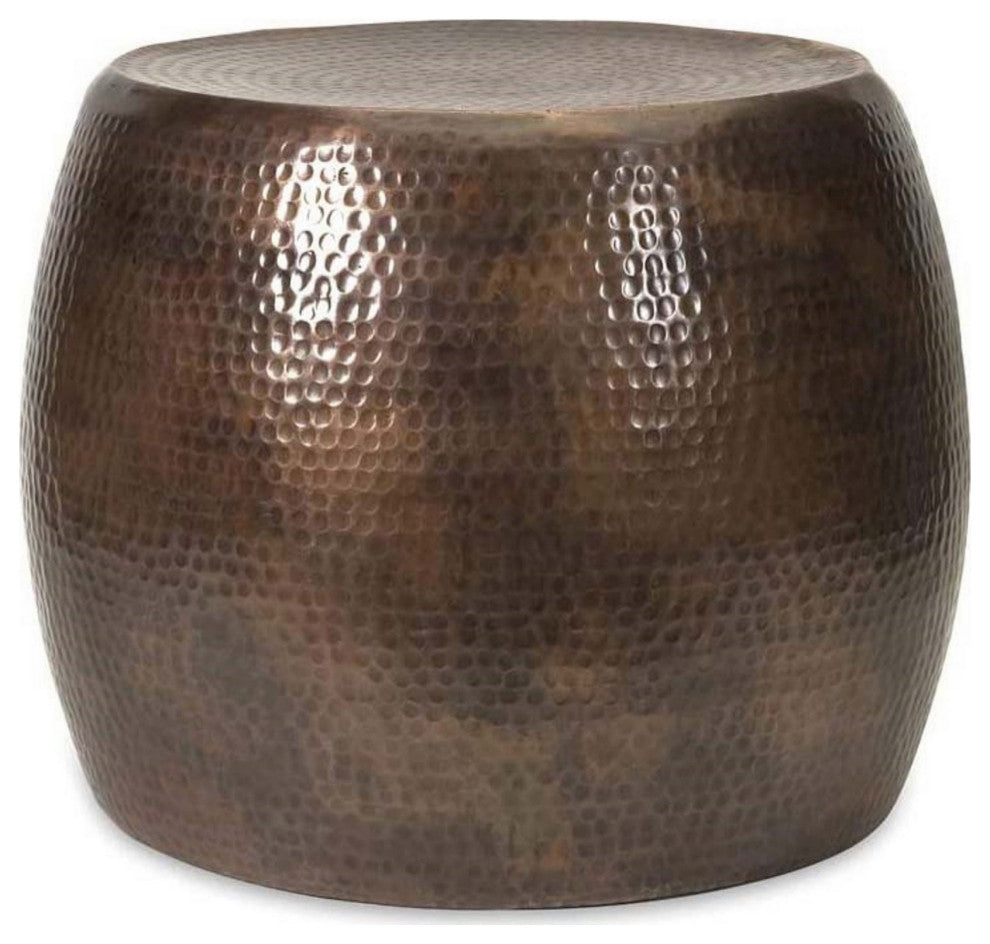20 Inch Classic Iron Low Accent Table, Round Top, Drum Shape, Brown