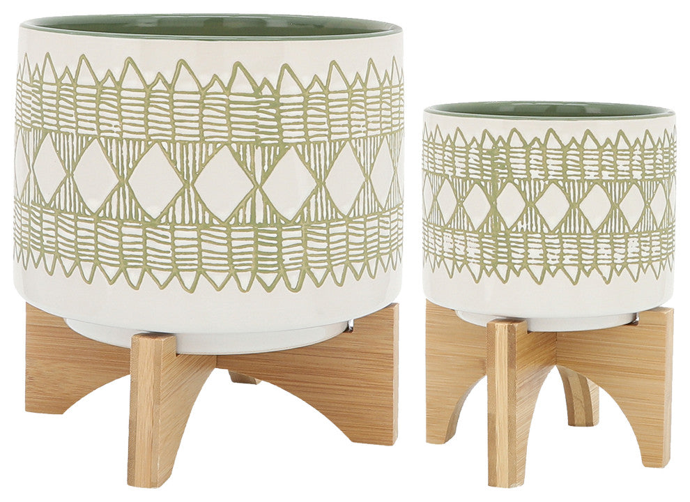 Ceramic 2-Piece Set, 5" and 8" Aztec Planter On Wooden Stand, Olive