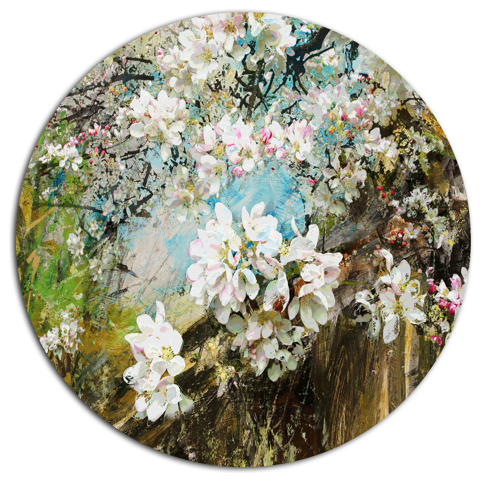 Apple Blossoms With White Flowers, Floral Round Wall Art, 11"