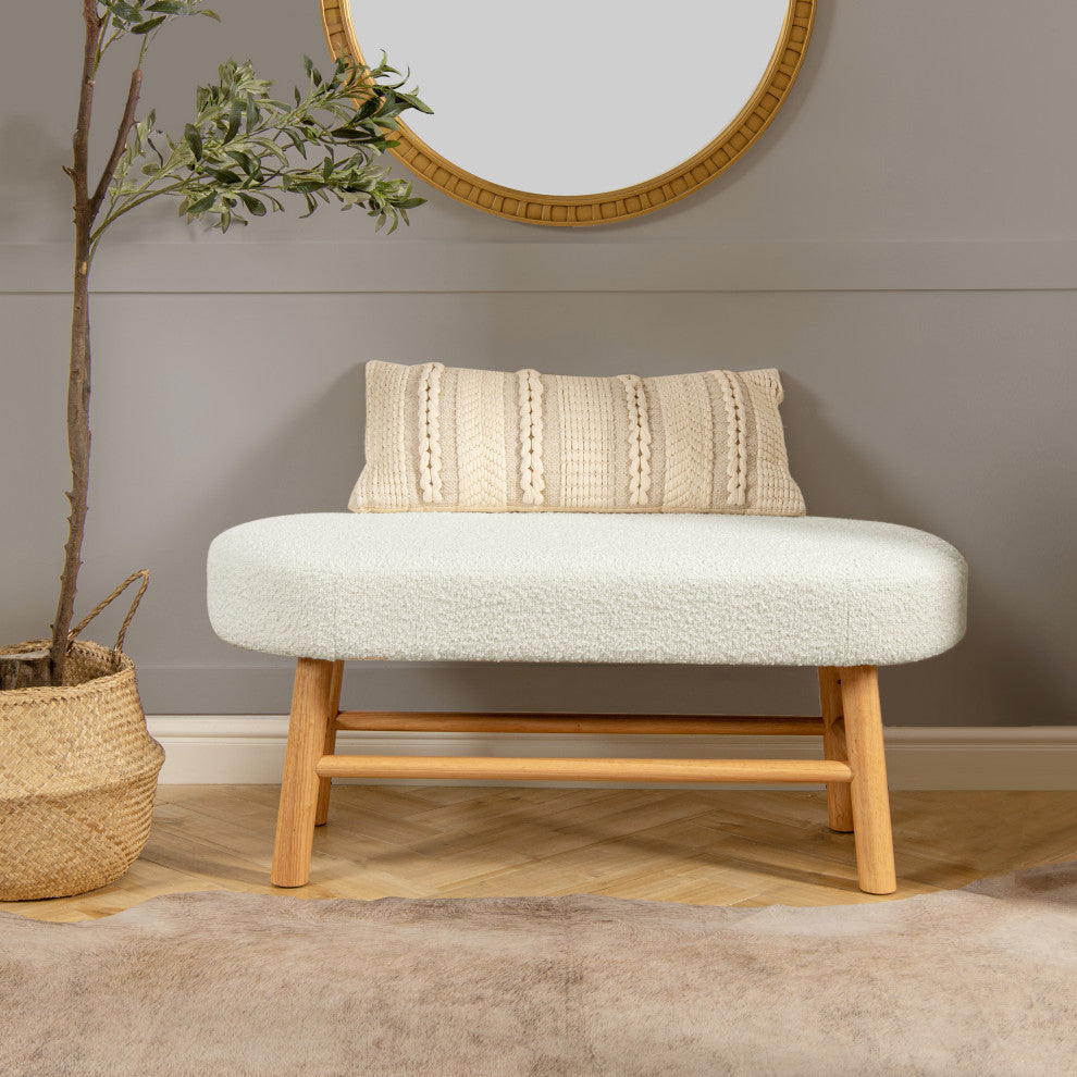 Fuji 42" Upholstered Accent Bench With Natural Wood Legs, Ivory White Boucle