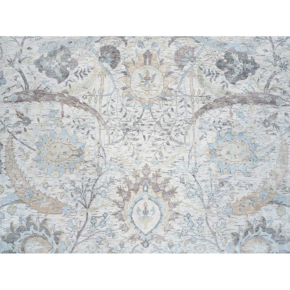 Ivory, Silk With Wool Hand Knotted, Sickle Leaf Design Round Rug, 9'9"x9'9"