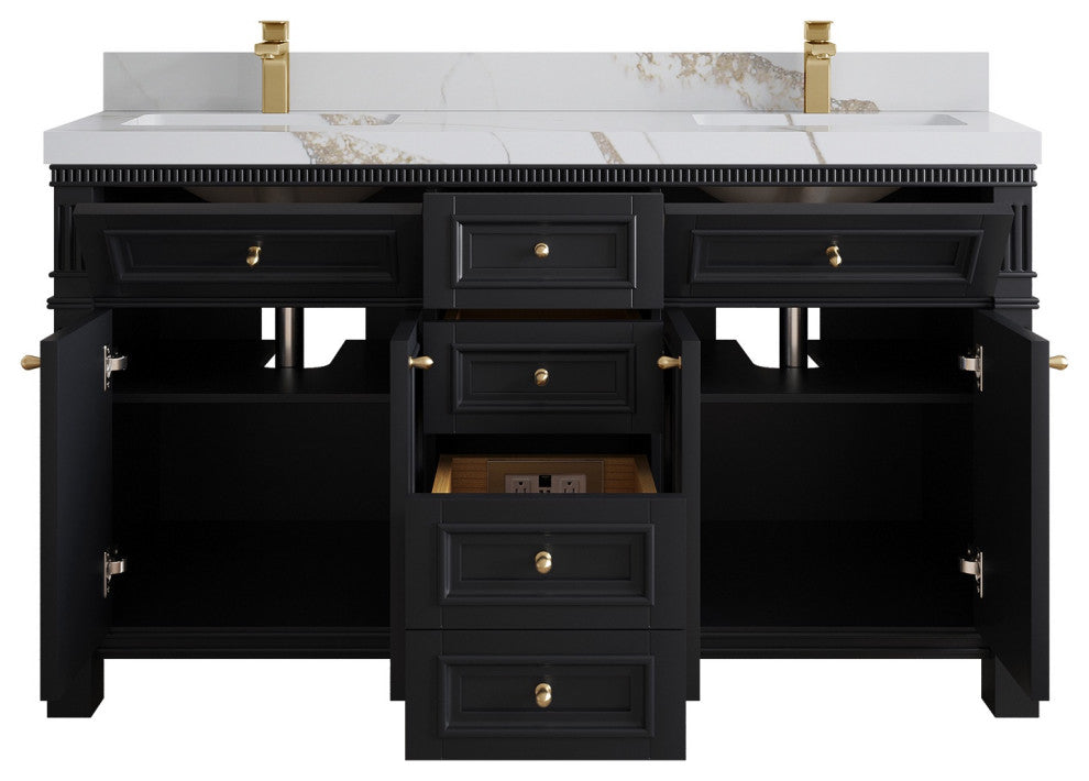 Paris 60" Double Sink Bathroom Vanity, Black 2" Calacatta Gold