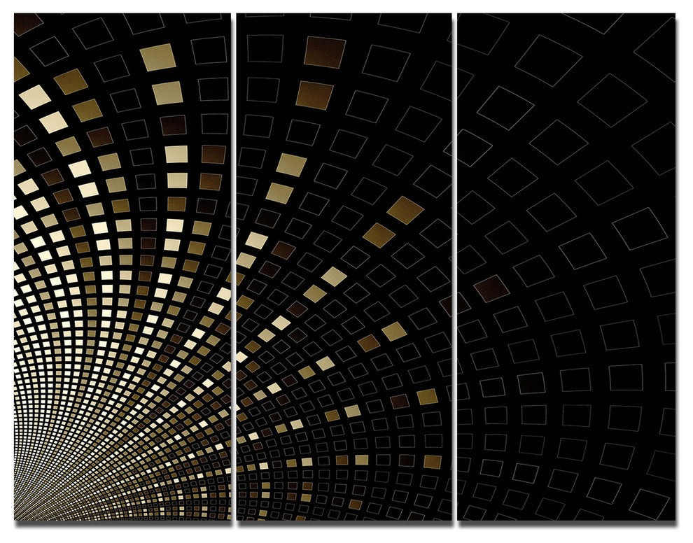 Gold Square Pixel Mosaic on Black, Abstract Art on Canvas, 36x28, 3 Panels