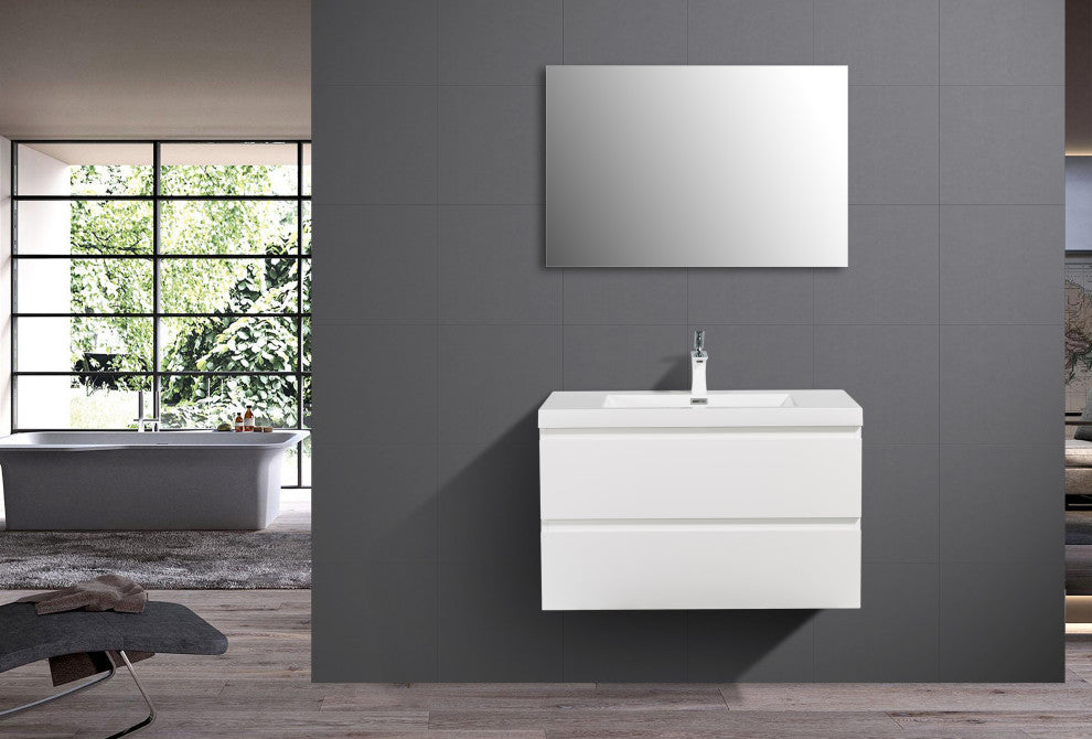 ALma-Angela Cement Grey Wall Mount Vanity With Sink, White, 36"