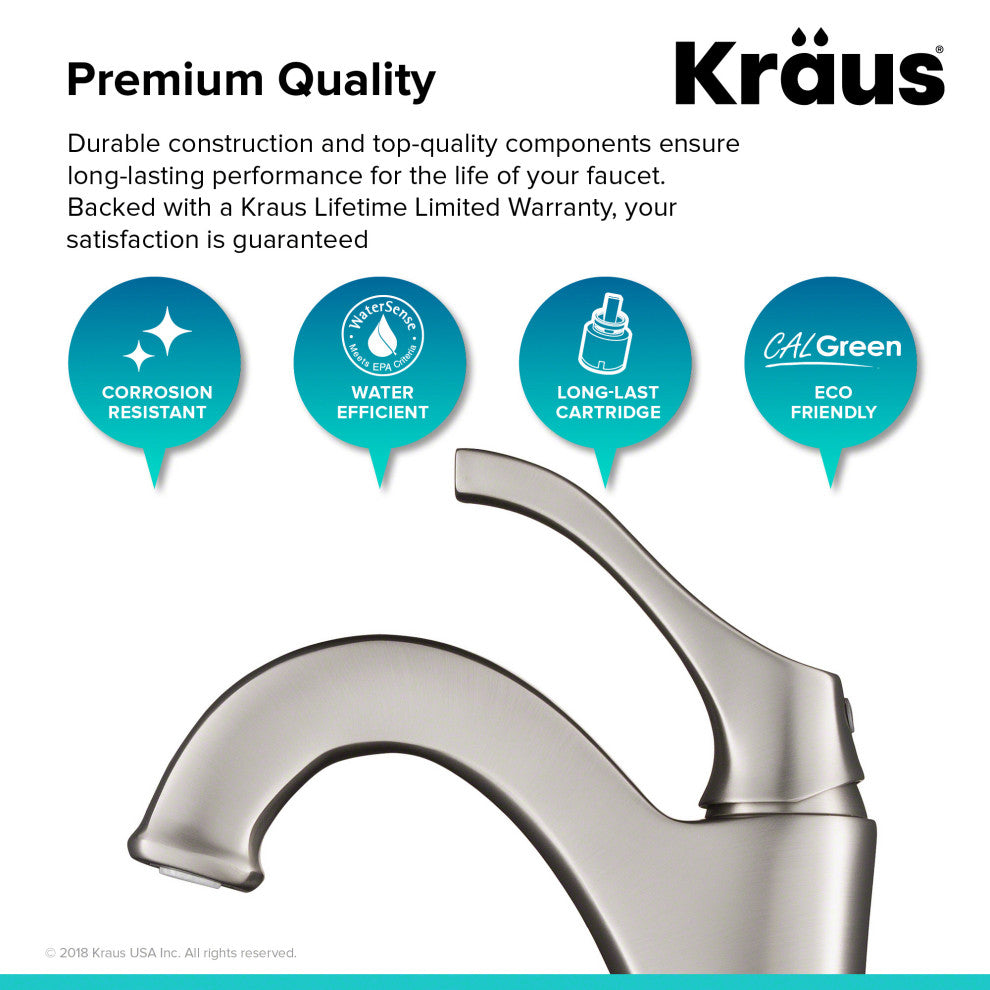 Kraus Arlo Single Handle Vessel Faucet, Pop Up Drain, Spot-Free SS, Set of 2