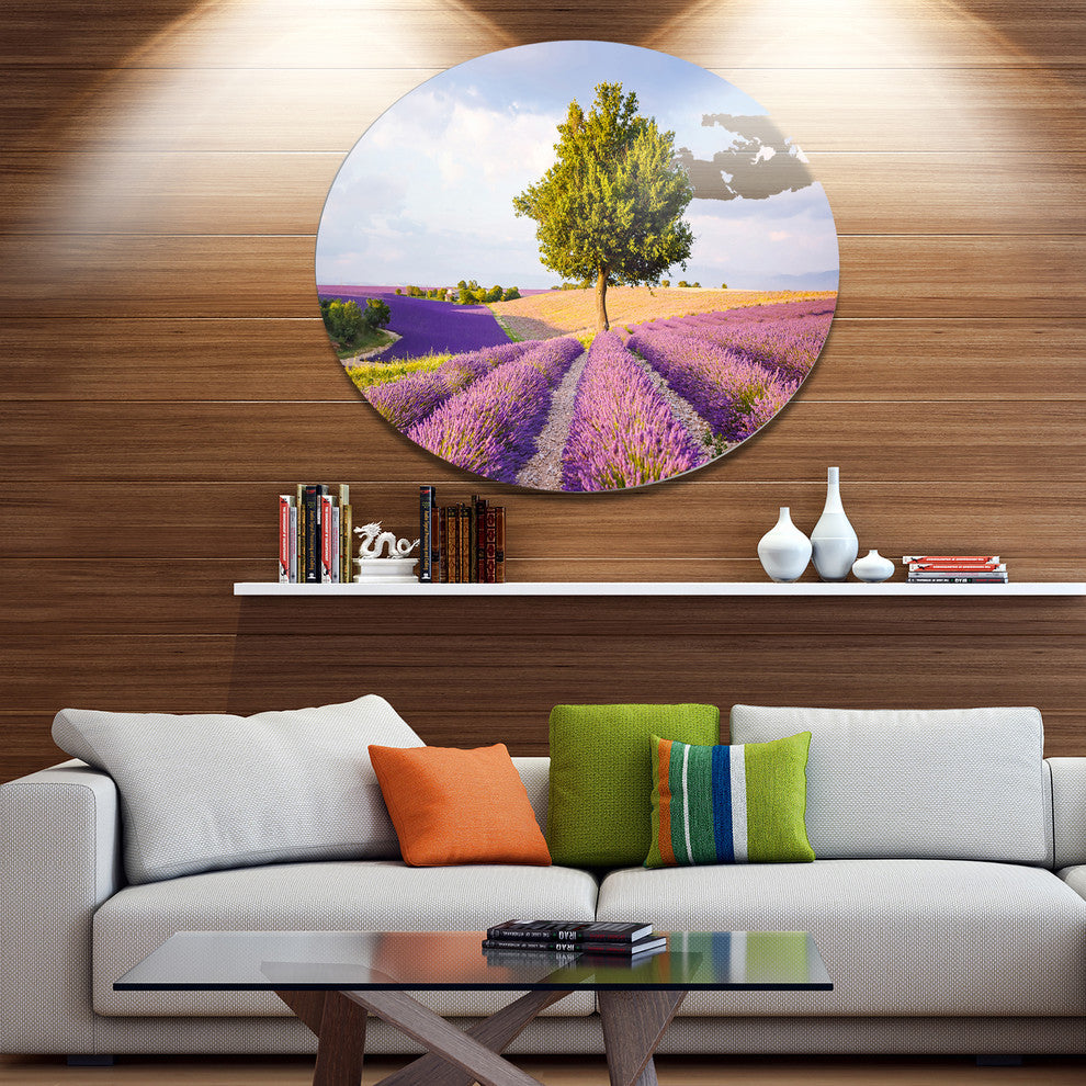 Lonely Green Tree In Lavender Field, Landscape Round Wall Art, 11"