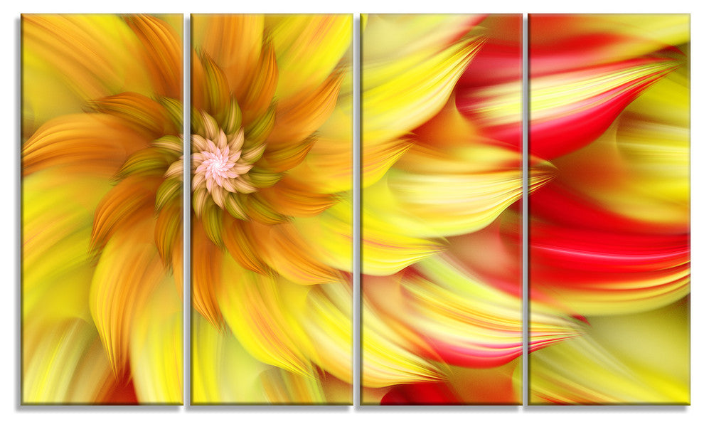 Rotating Yellow Red Fractal Flower, Floral Canvas Art Print, 48"x28", 4 Panels