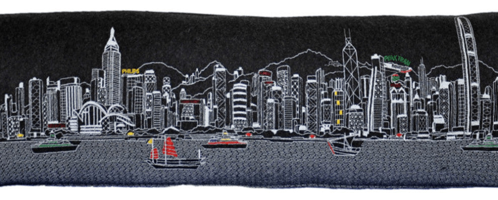 46" Black Hong Kong Nighttime Skyline Lumbar Decorative Pillow
