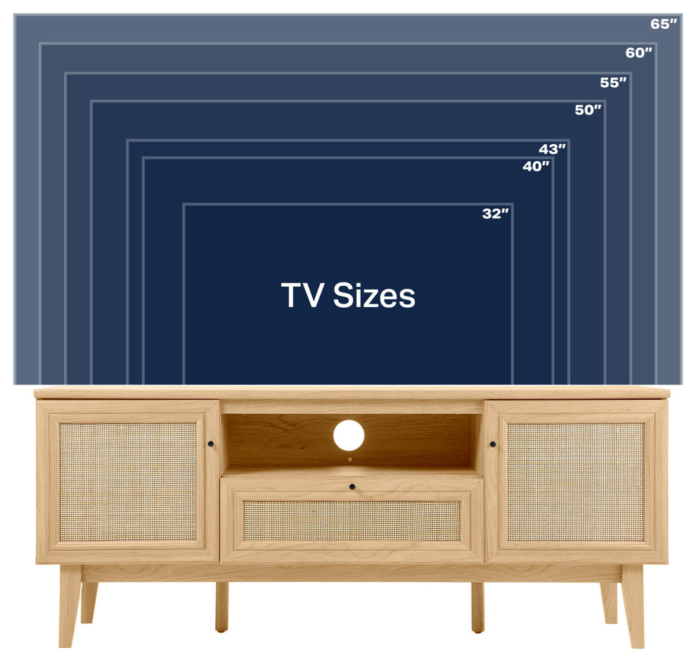 Caned TV Stand, Drawer, Storage Doors Fits TVs up to 65", Cable Management, Oak