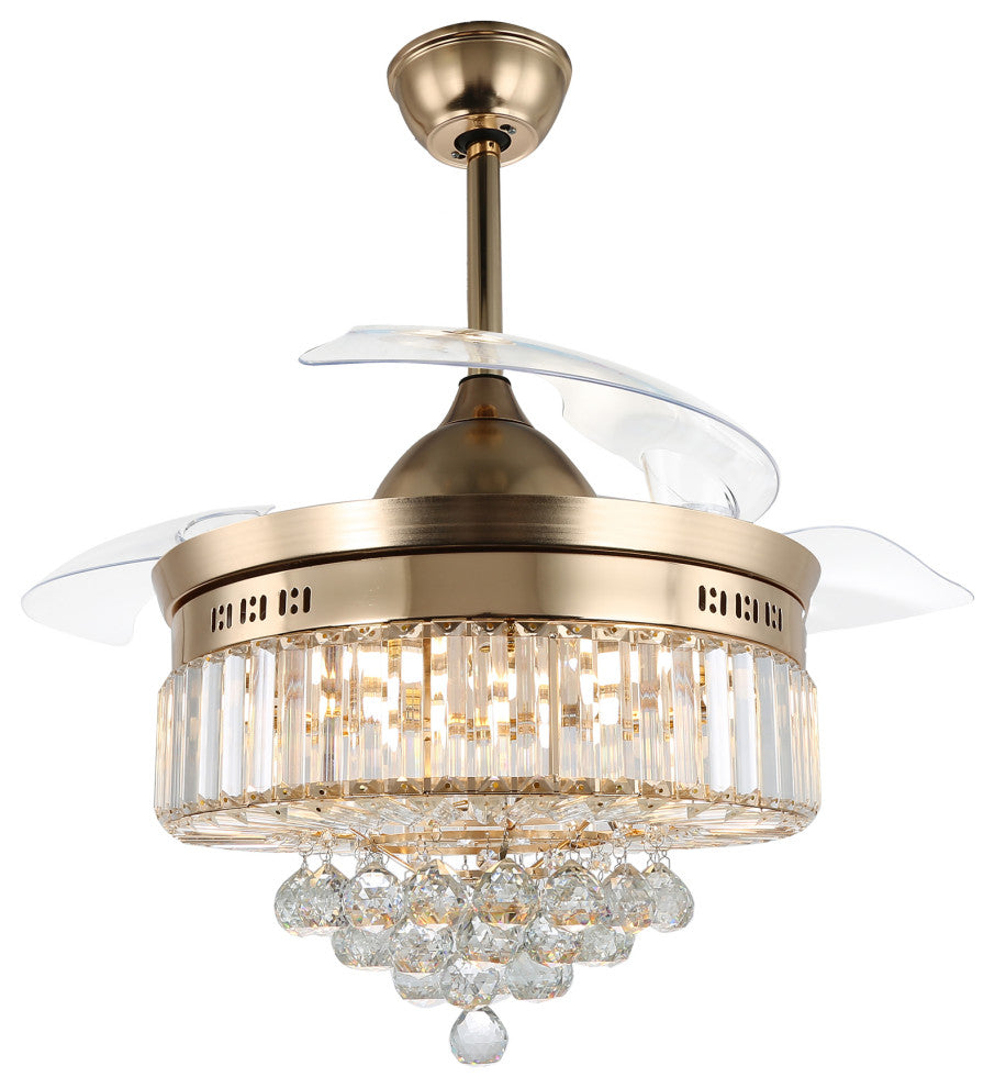 Unique Caged Ceiling Fan with Remote, LED light, Retractable Blades, French Gold