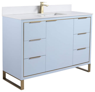 Opulence Bath Vanity, Pastel Blue, 48", Satin Brass Hardware, White Top