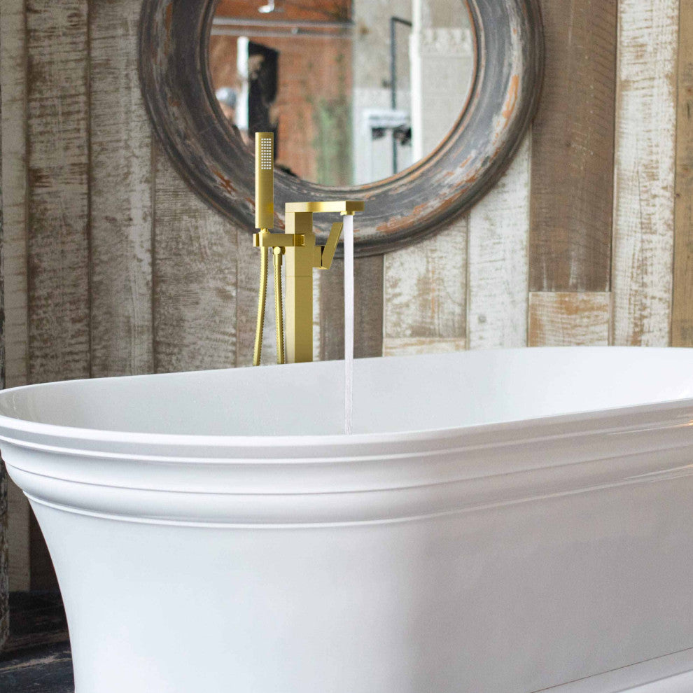 Cube Single Handle Floor Mount Tub Filler With Hand Shower, Brushed Gold