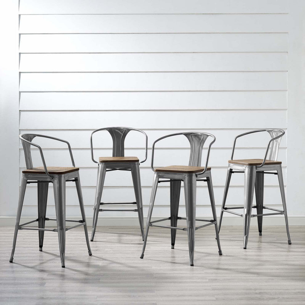 Bar Stool Chair Barstool, Set of 4, Wood, Gunmetal Silver, Bar Pub Cafe Bistro