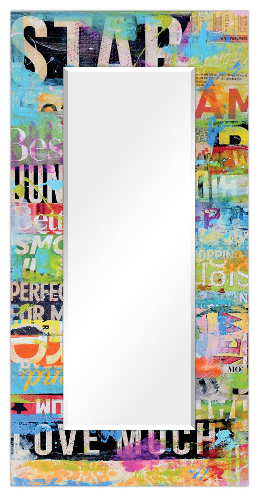 Metro Mix Rectangular Beveled Mirror on Free Floating Printed Tempered Art Glass