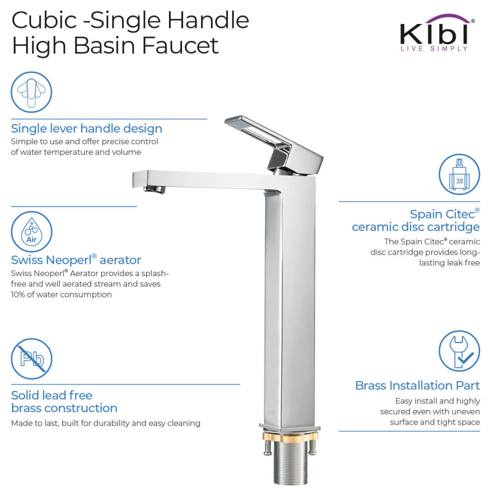 Cubic Single Handle Vessel Sink Faucet KBF1003, Chrome, W/ Drain
