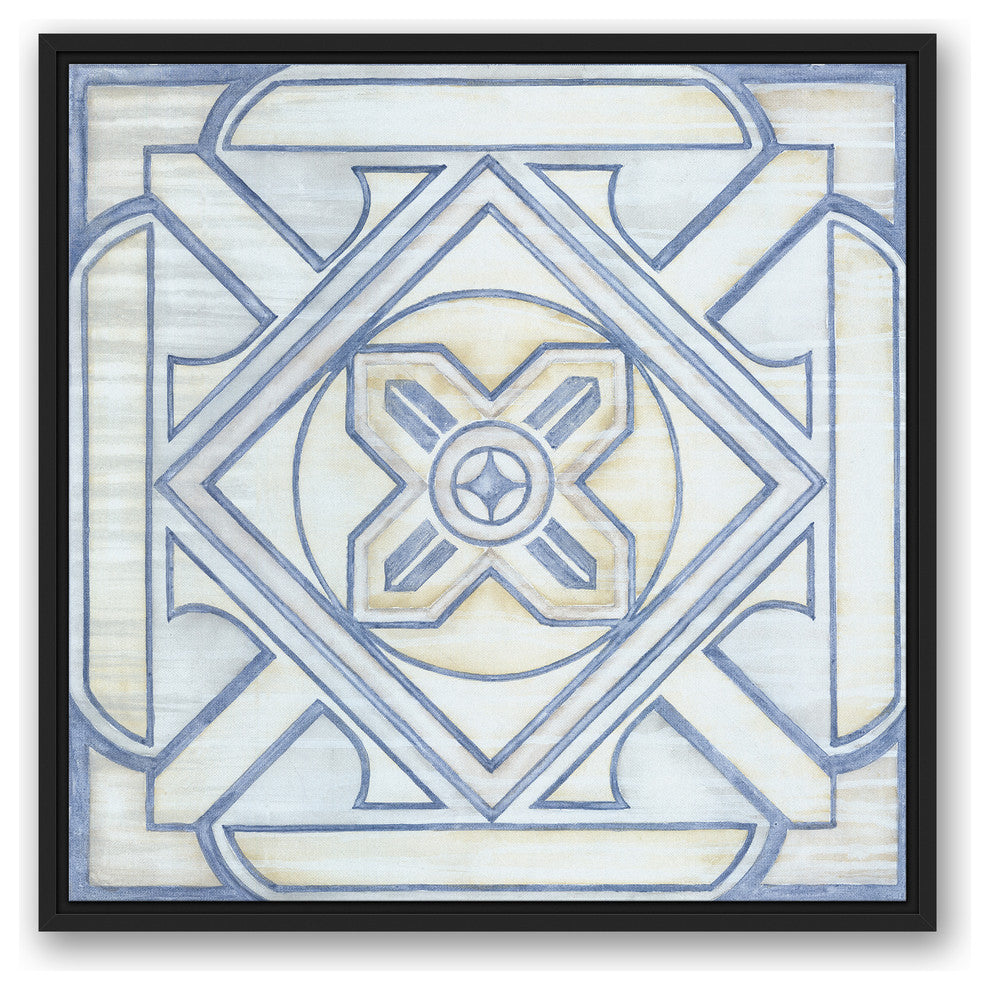 Blue and White Watercolor Tile 24x24 Black Floating Framed Canvas