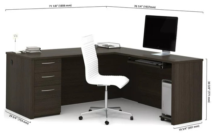 L-Shaped Desk, Spacious Top With CPU Platform & Keyboard Tray, Dark Chocolate
