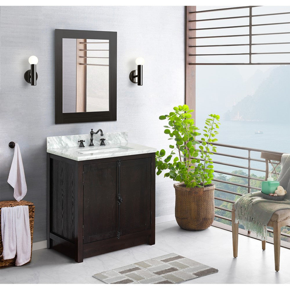 30" Single Vanity, Brown Ash, White Carrara Top, Rectangle Sink