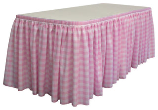 LA Linen Gingham Checkered Table Skirt, White and Pink, 252"x29"