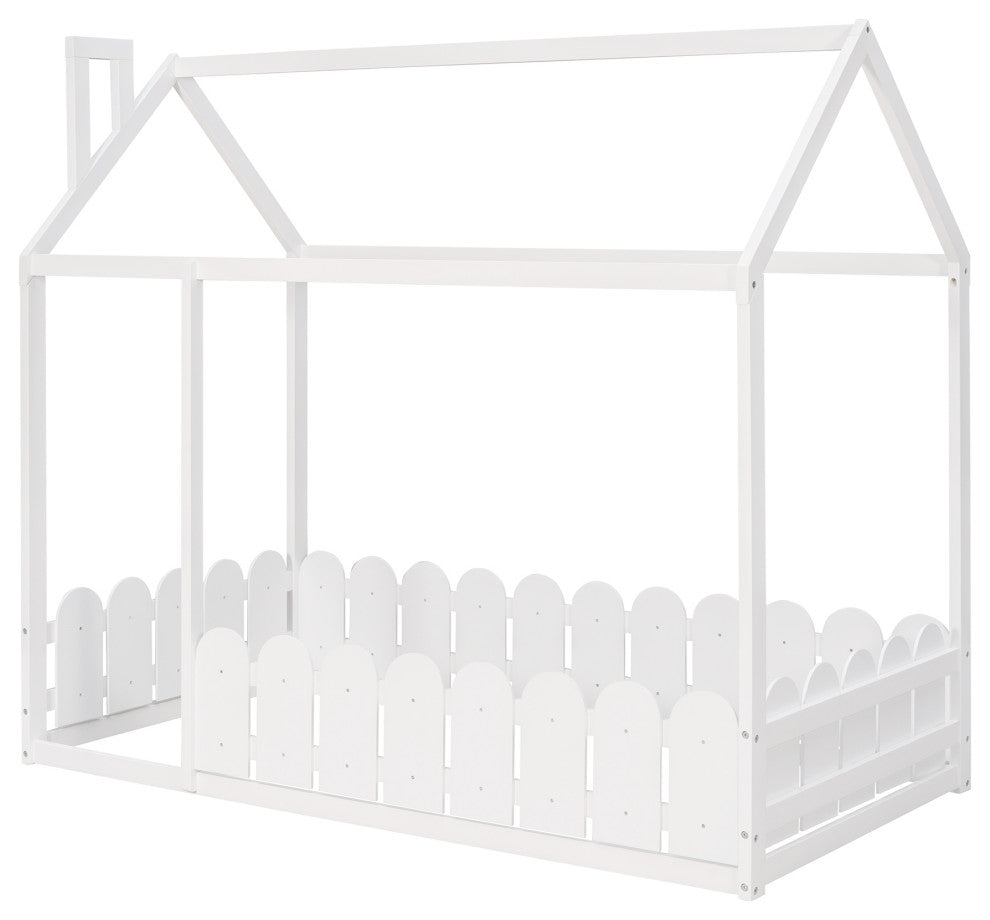 Gewnee Twin Size Wood Bed House Bed Frame with Fence, for Kids, In White