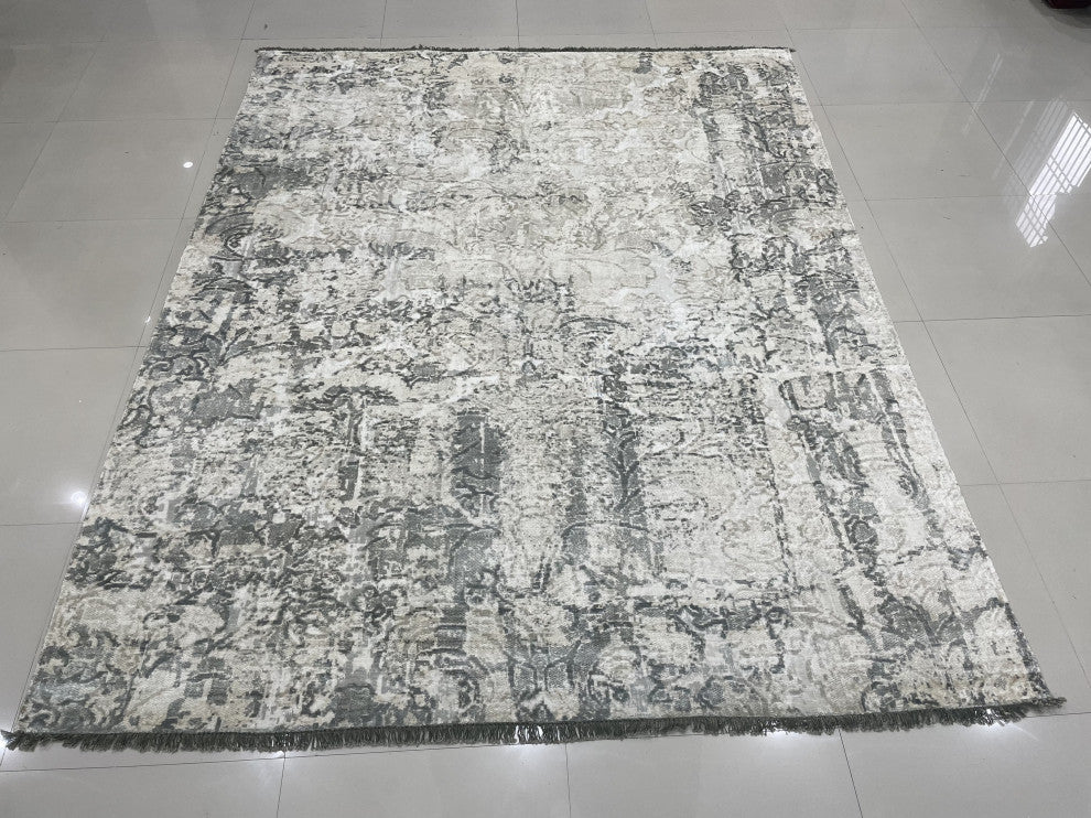 Hand-Knotted Wool Ivory/Gray Transitional Modern Modern Rug, 7' X 9'