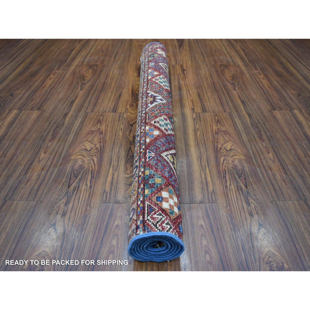Light Blue, Hand Knotted Afghan Super Kazak, Extra Soft Wool Rug, 3'6" x 5'5"