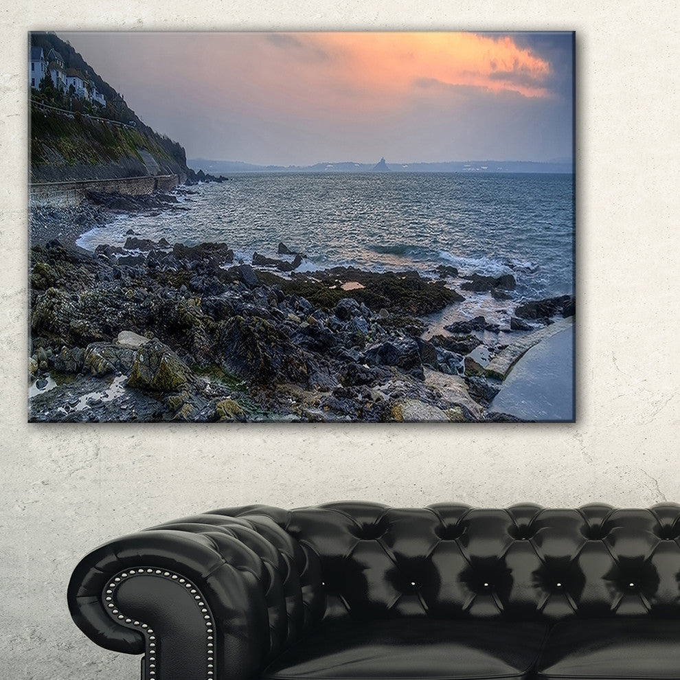 "Dark Rocky Seashore Sunrise" Seashore Canvas Art, 40"x20"