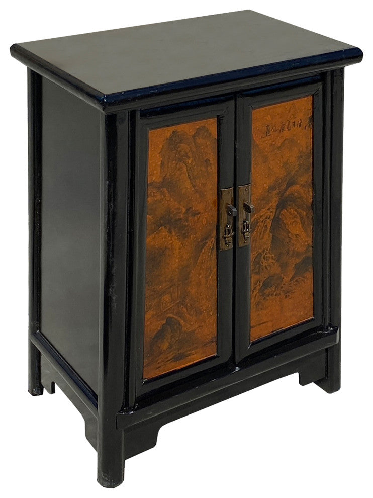 Chinese Distressed Black Yellow Scenery Graphic End Table Nightstand Hcs7348