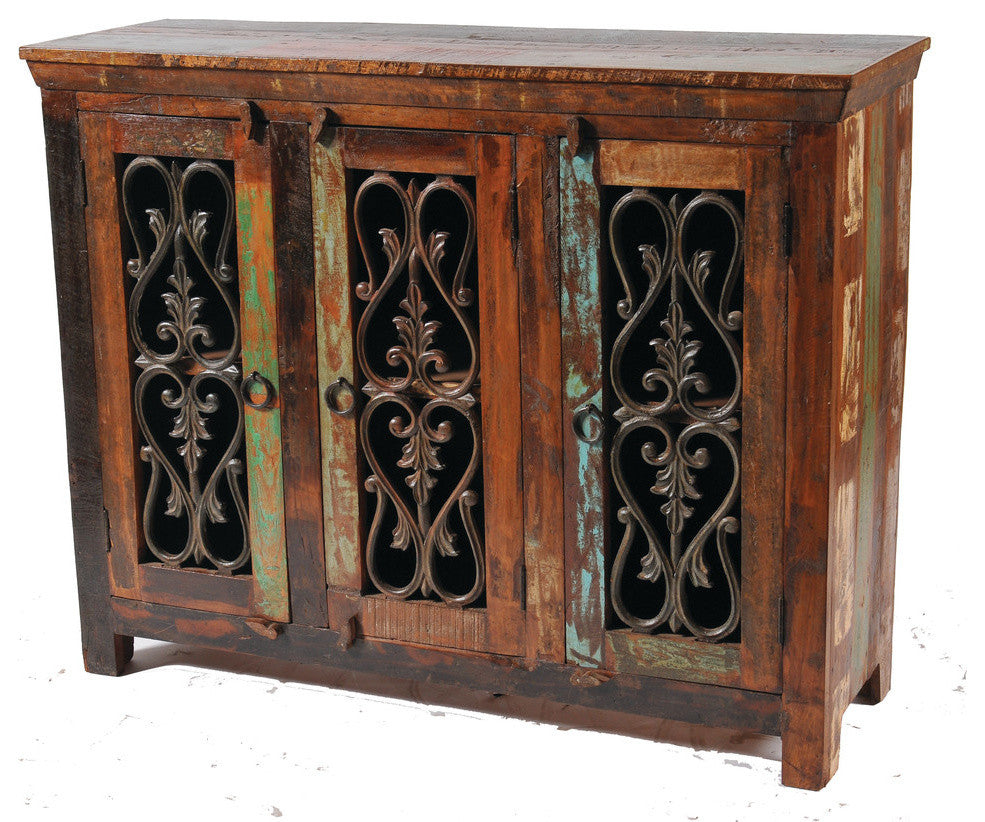 Beach Reclaimed Solid Wood 3-Door Buffet in Multi-Color with Iron Doors