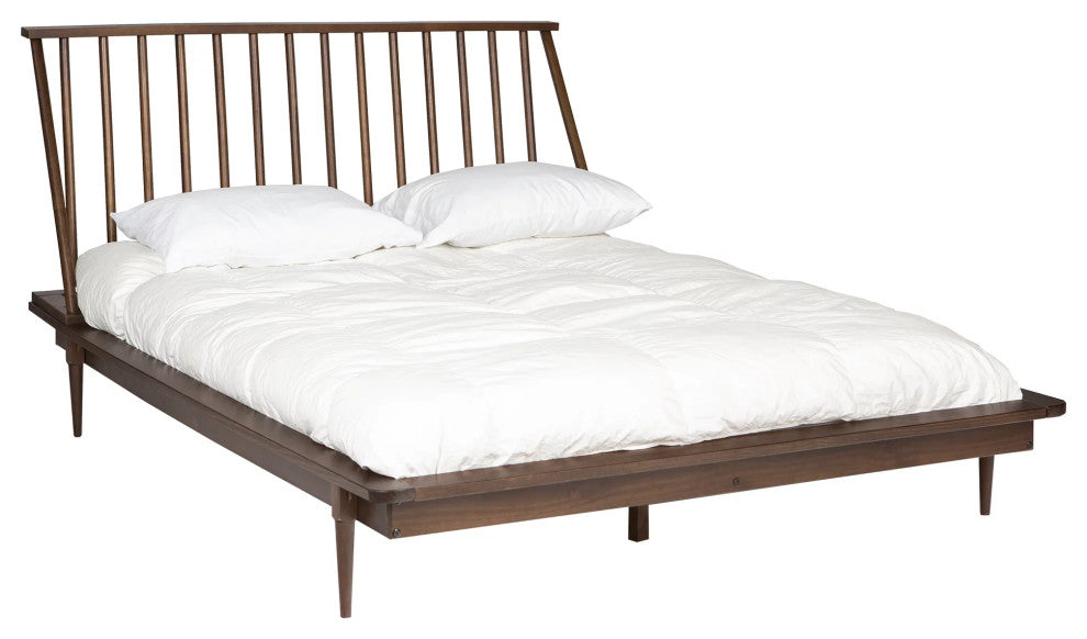 Queen Size Platform Bed, Pine Wood Construction With Spindle Headboard, Walnut