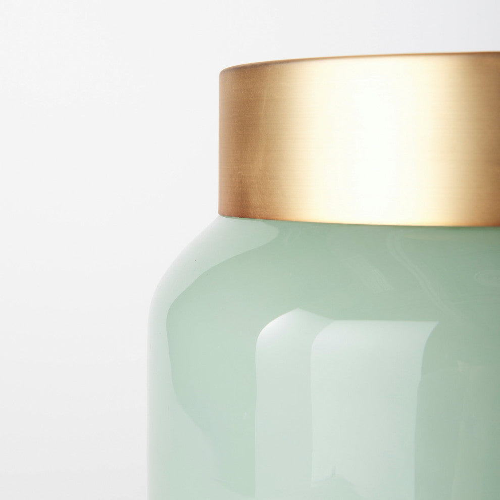 Minty Green Glass With Gold Metal Top Vase, 10"