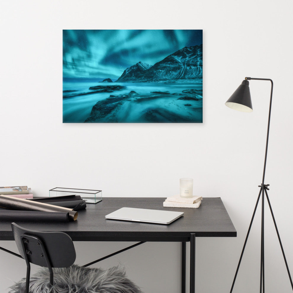 Blue Northern Lights and Mountain Coast Landscape Photo Canvas Wall Art Prints, 24" X 36"