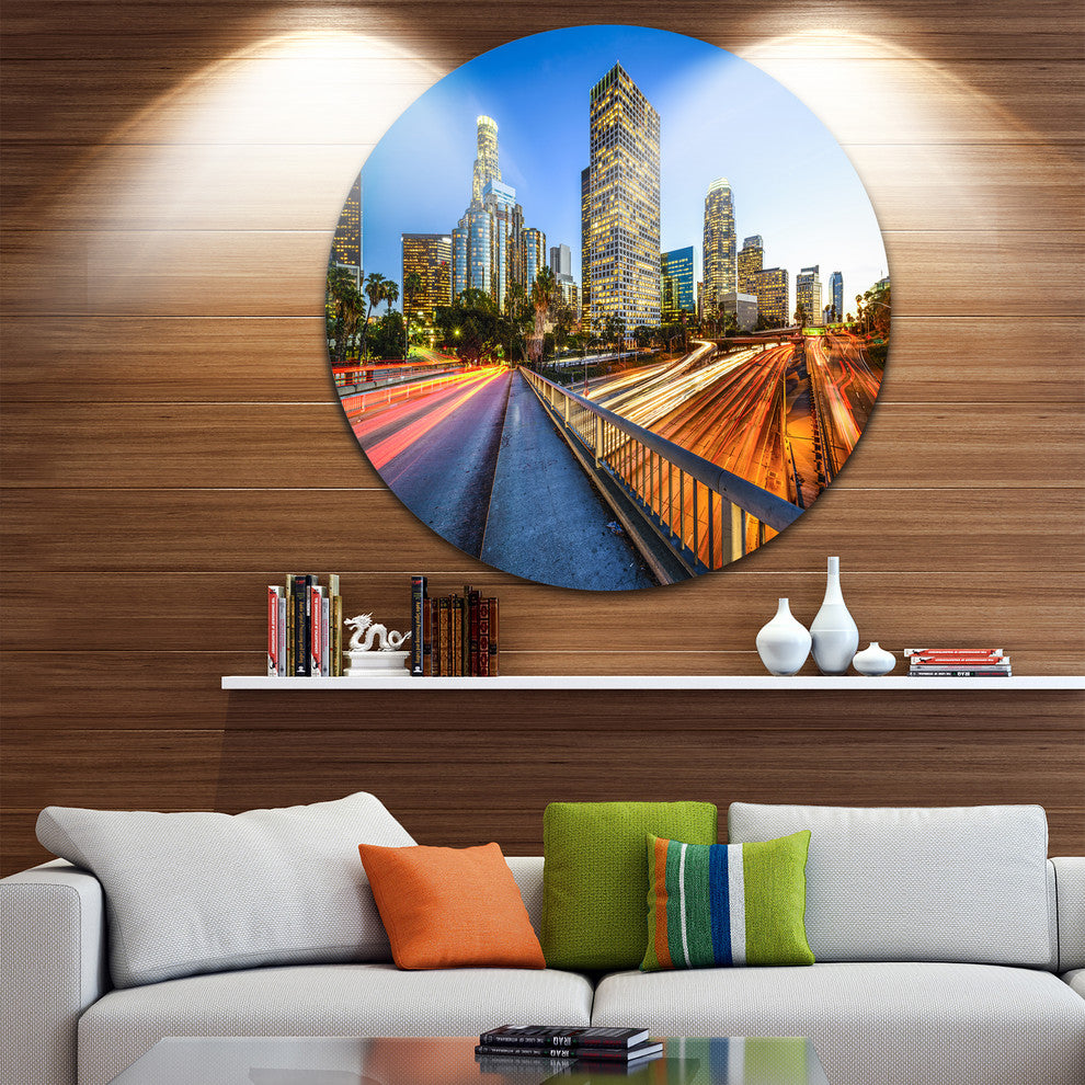 Downtown La With Traffic Trail, Cityscape Disc Metal Wall Art, 36"