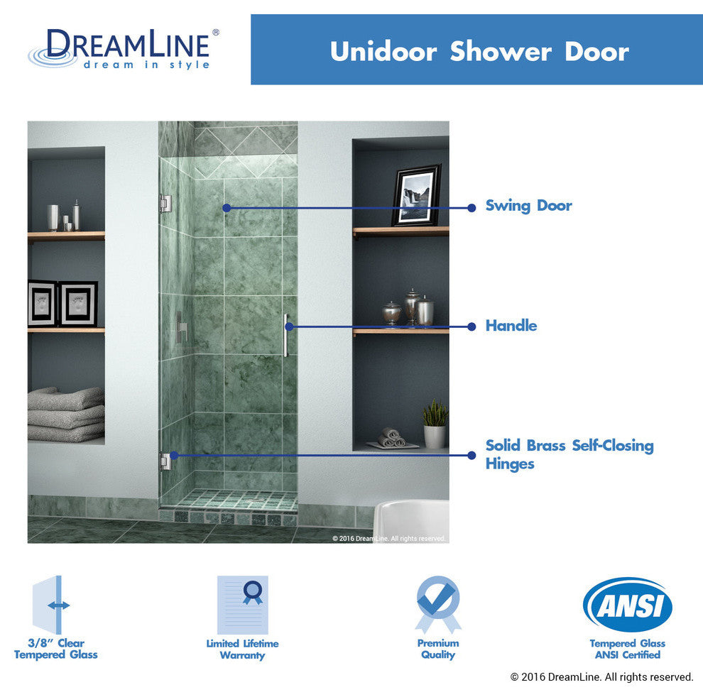 DreamLine Unidoor 25" Frameless Hinged Shower Door, Clear Glass, Brushed Nickel