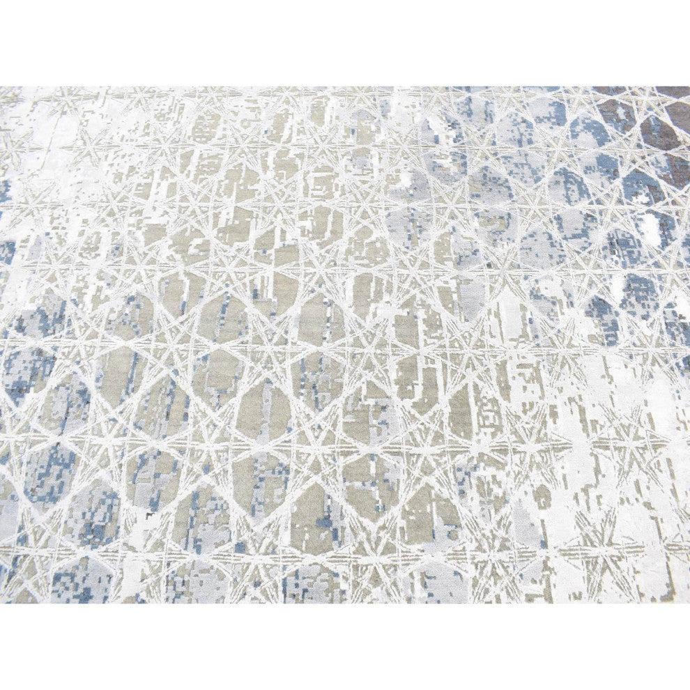 Gray, THE HONEYCOMB Design, Hand Knotted Wool and Silk Rug, 10'x14'1"