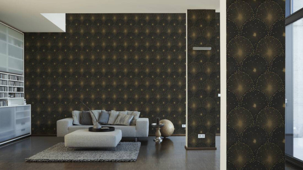 Modern Textured Wallpaper Art Deco Pattern, Gold Anthracite Black, Sample