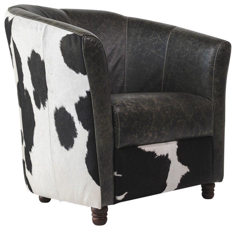 Leather Barrel Chair on Cowhide Accents, Black/White