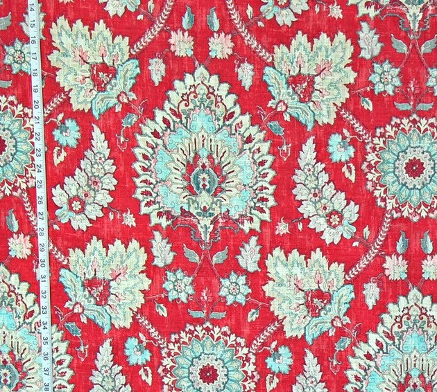 Raspberry Red Vintage Persian Rug Fabric Linen, Sample Cut