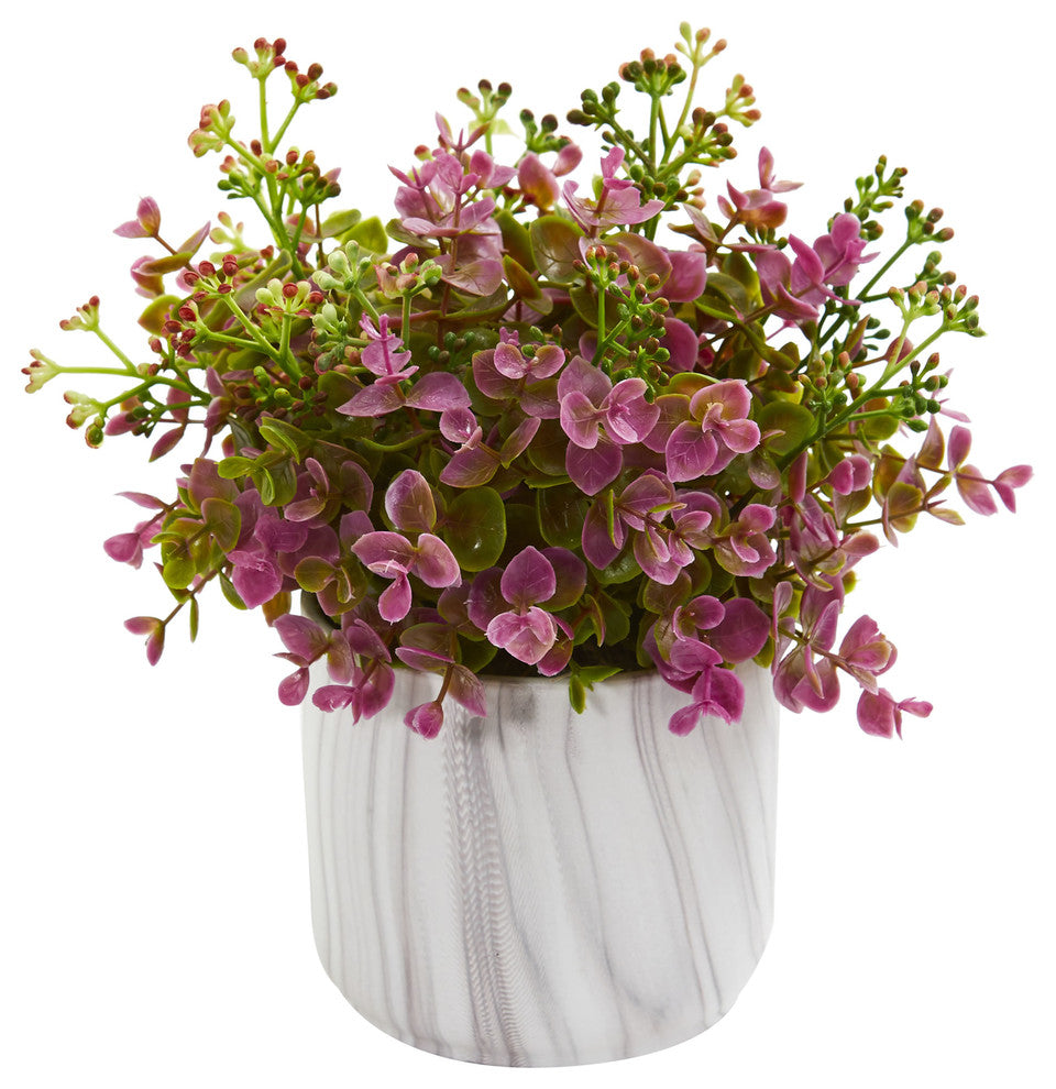 Eucalyptus Artificial Plant in Marble Finished Vase, Purple